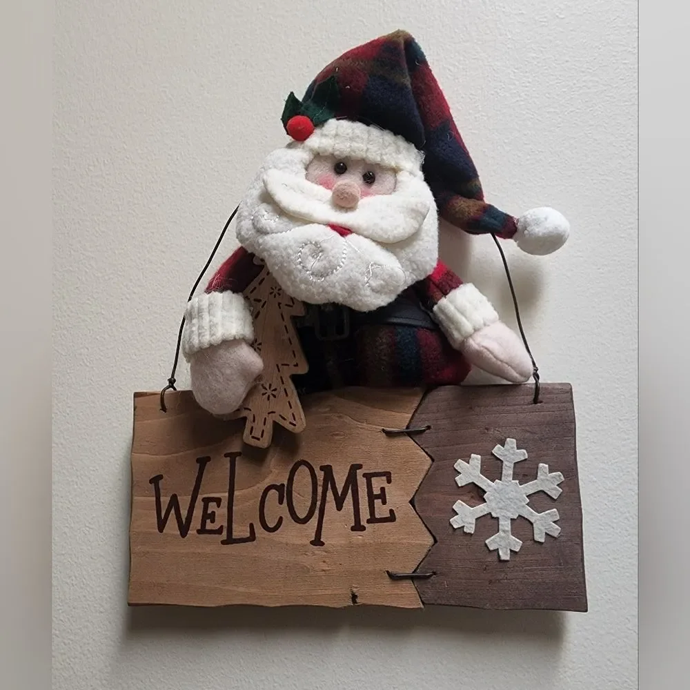 Welcome Sign With Plush Santa Wood Hanging Sign